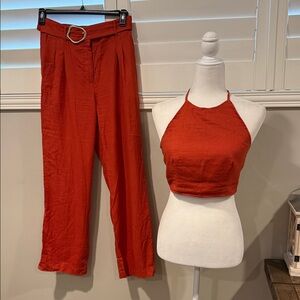 House of Harlow 1960 Red Wide Leg Pants & Halter Top Set